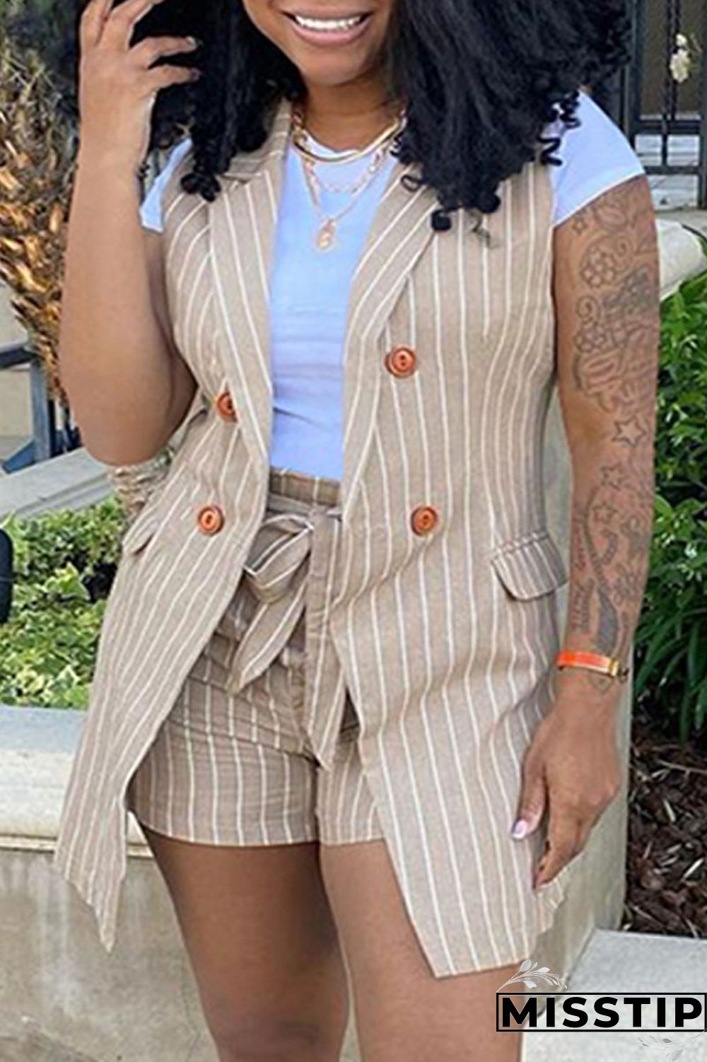 Khaki Fashion Casual Striped Print Patchwork Cardigan Turndown Collar Plus Size Two Pieces (Without T-shirt)
