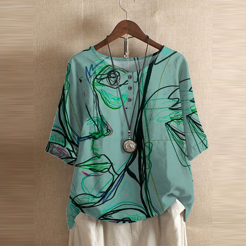 Fashion Floral Printed Women Casual O Neck Half Sleeve Blouses