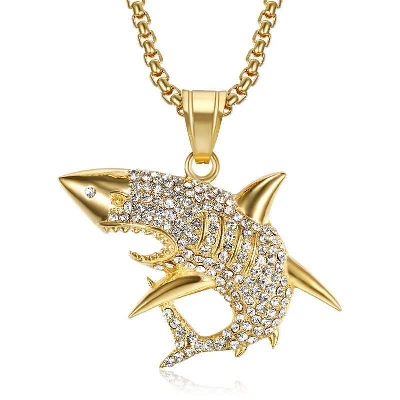 Hip-Hop Shark Titanium Steel Plating Rhinestones 18K Gold Plated Men's