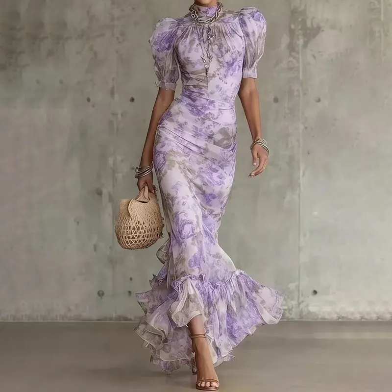 French Puff Sleeve Printed Slim Fit Pleated Dress elevenforest