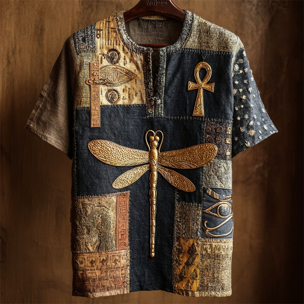 Comstylish Egyptian Dragonfly Vintage Patchwork Men's V-neck Linen Shirt