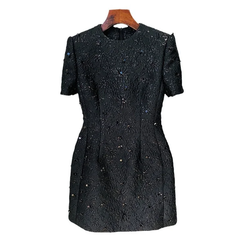 Nigikala Nigikala New Star Fashion Elegant Temperament Of The Flower Heavy Industry Nail Beads Short-Sleeved Dress