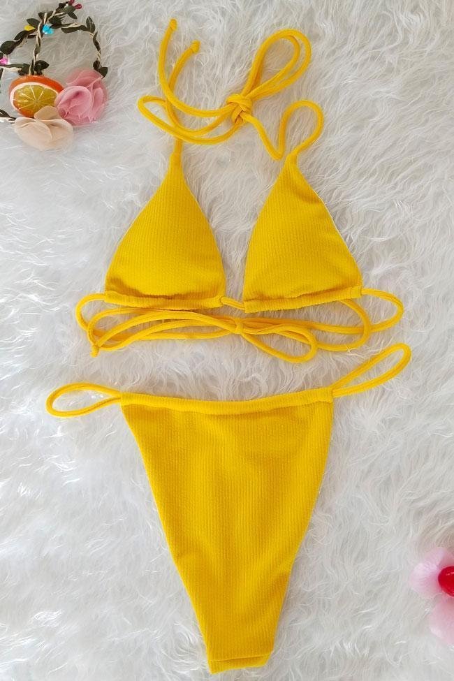 Yellow Ribbed Thong Sliding Triangle Bikini-elleschic