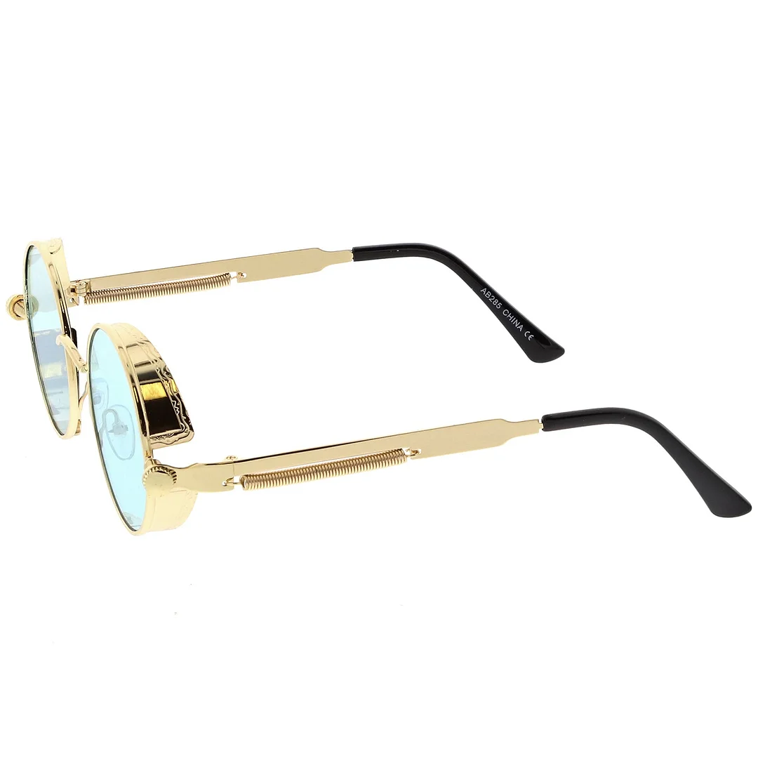 Steampunk Metal Round glasses With Metal Side Cover Flat Lens 42mm