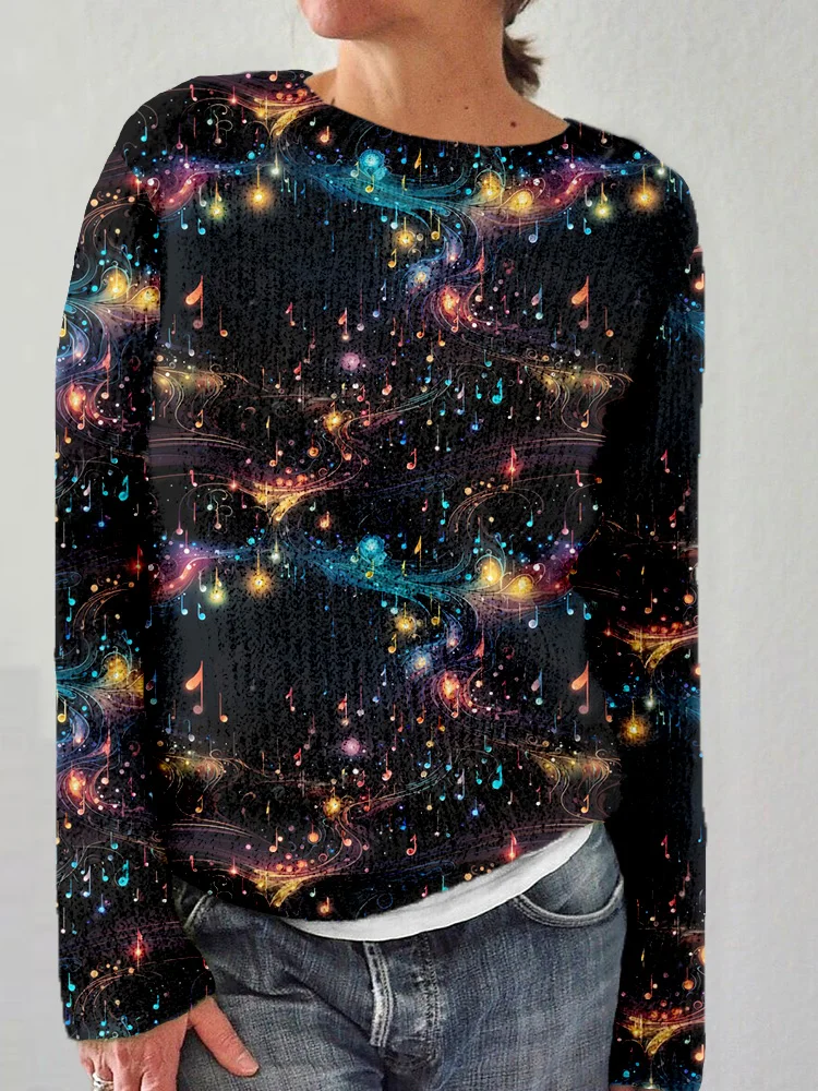 Comstylish Glowing Musical Pattern Crew Neck Comfy Sweater