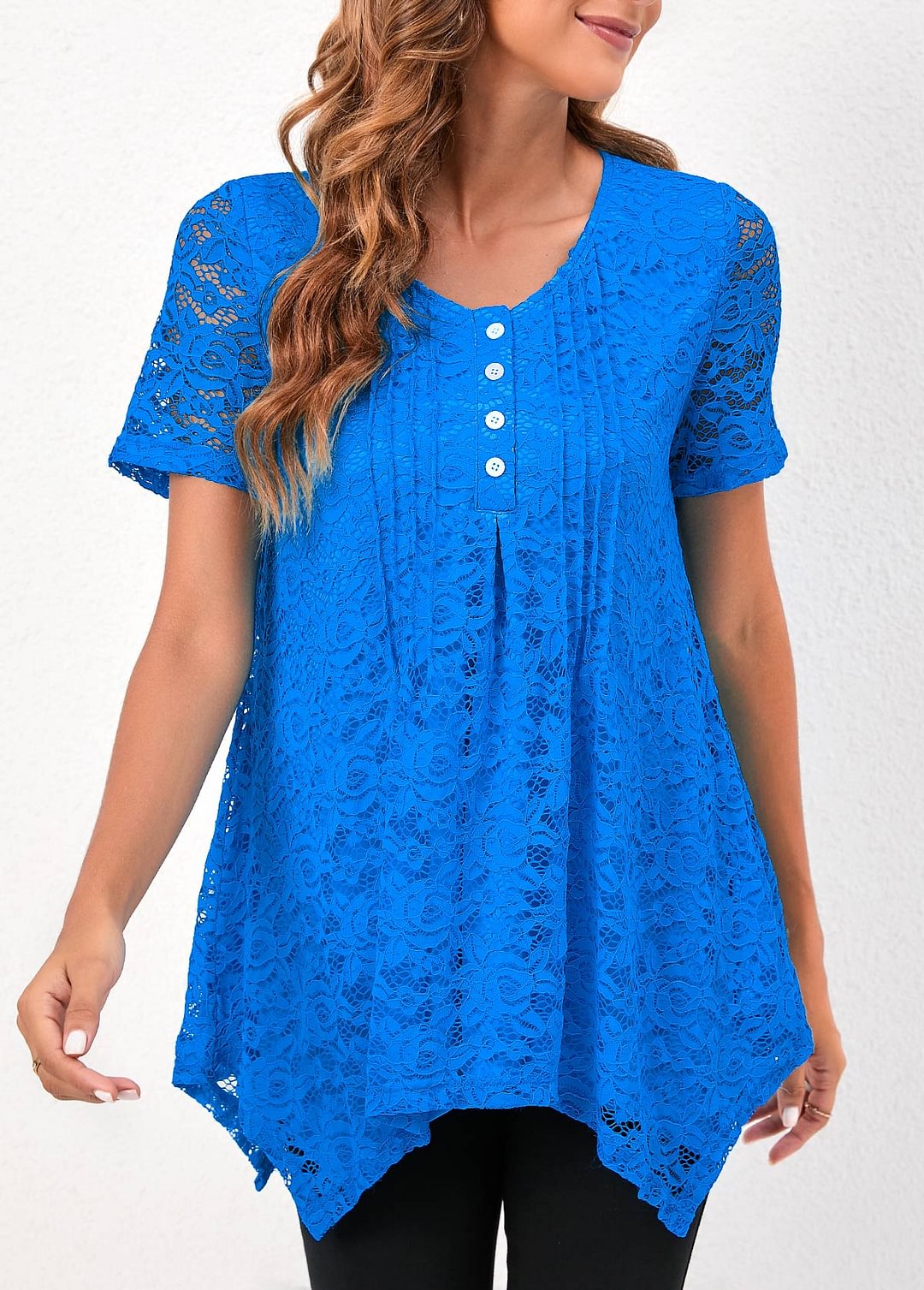 Crinkle Chest Sky Blue Hanky Hem Lace T Shirt