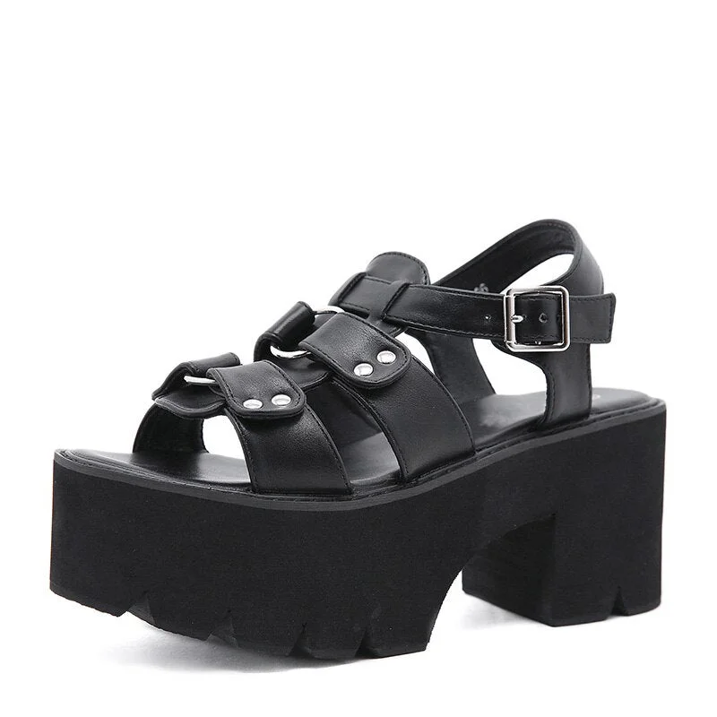 Gdgydh Vintage Rivets Gothic Sandals Chunky Heel Black Leather PU Ladies Comfort Footwear Summer Open Toe Roman Style Wholesale