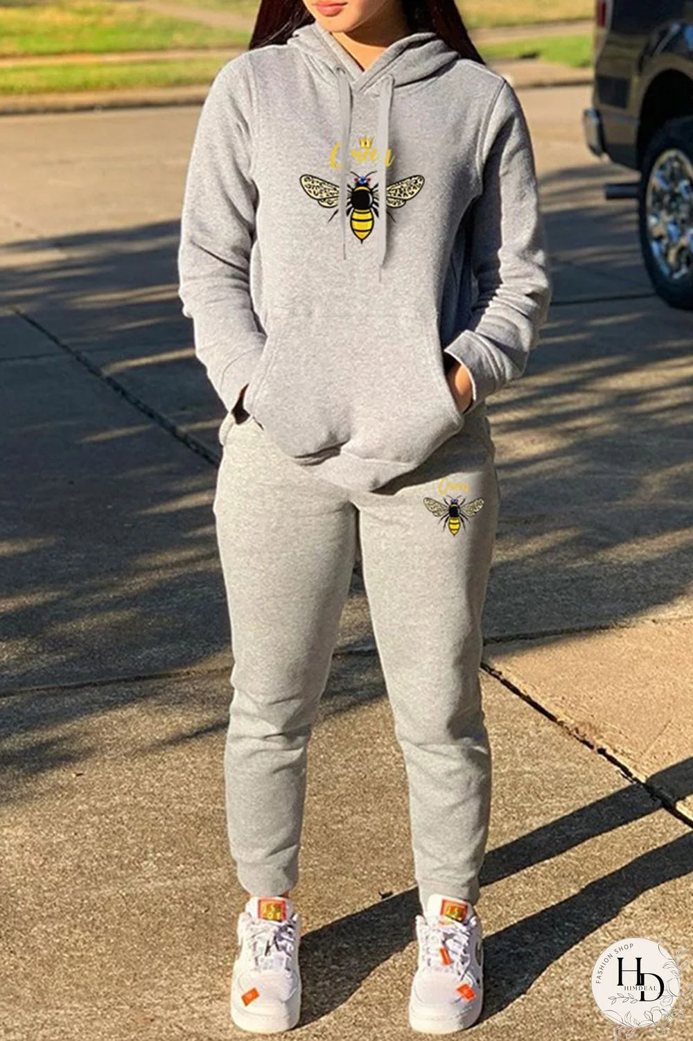 Grey Casual Print Patchwork Hooded Collar Long Sleeve Two Pieces