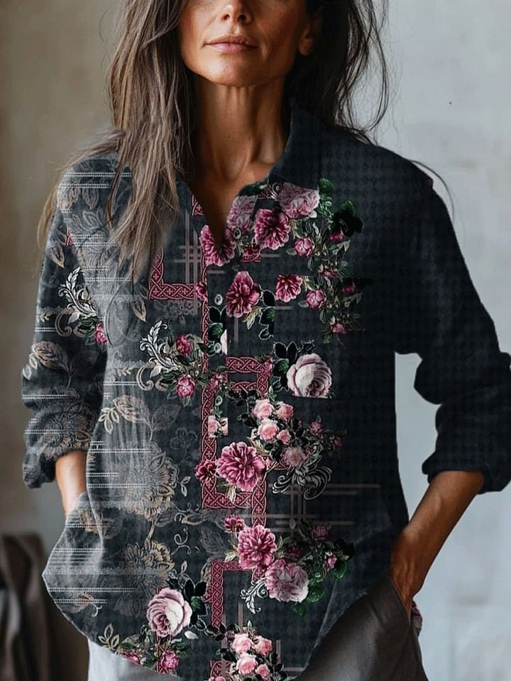 Women's   Flowers  Art Print Casual Cotton And Linen Shirt