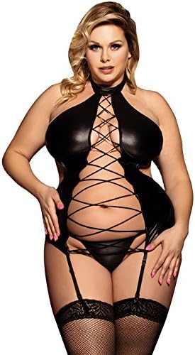 Lovingerie - Large Lingerie Set Shiny Faux Leather Lacing-up Tight Hollow-out Sexy Garter Belt One-piece