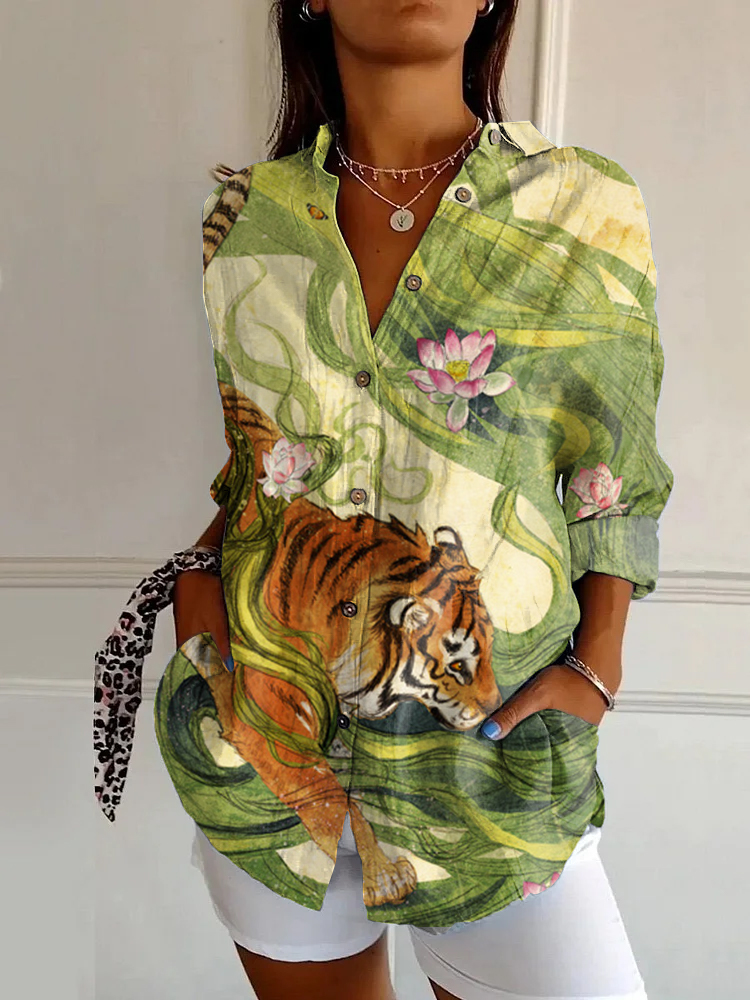 Vintage Tiger Art Print Long Sleeve Shirt