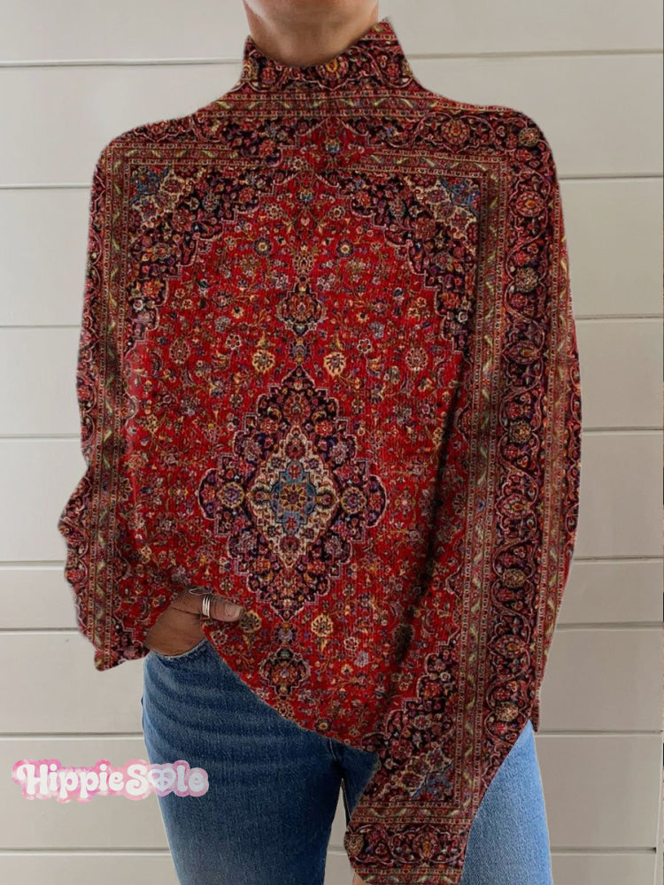 Vintage Art Print Knit Turtleneck Pullover Sweater Multicolor / S