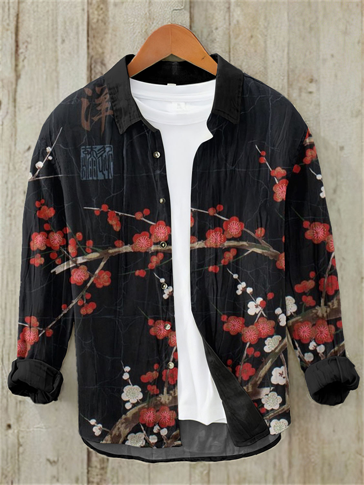 Comstylish Men's Vintage Japanese Art Plum Blossom Casual Linen Blend Shirt