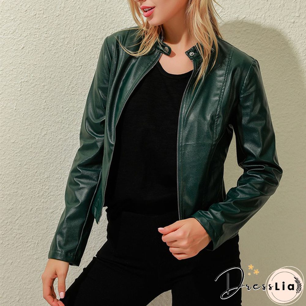 Women Spring Zipper Casual PU Leather Soft Motorcycle Leather Jacket Coat