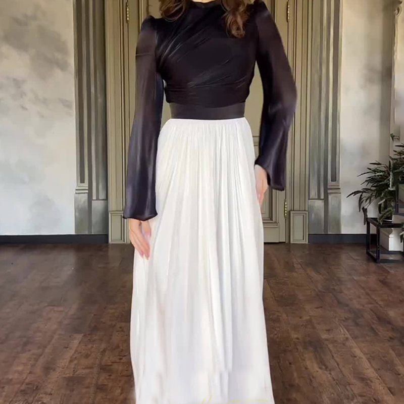 Ootddress Elegant Ladies Pleated Dress Mesh Patchwork Bandage Tiered Slim High Street See-Through Contrast Autumn New Maxi Dress