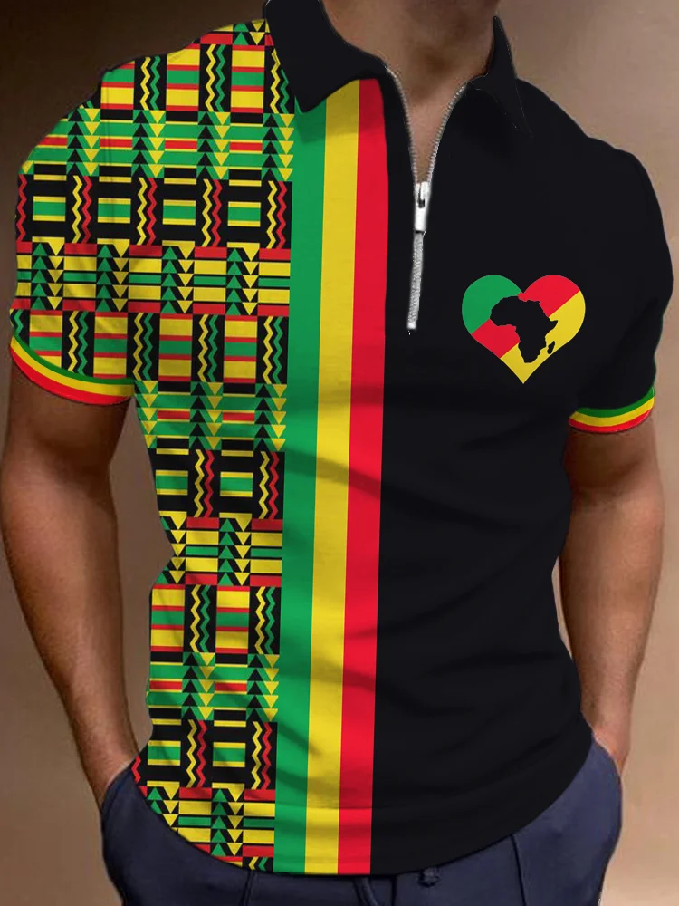 Black Pride Africa Ethnic Kente Pattern Zip Up Polo Shirt