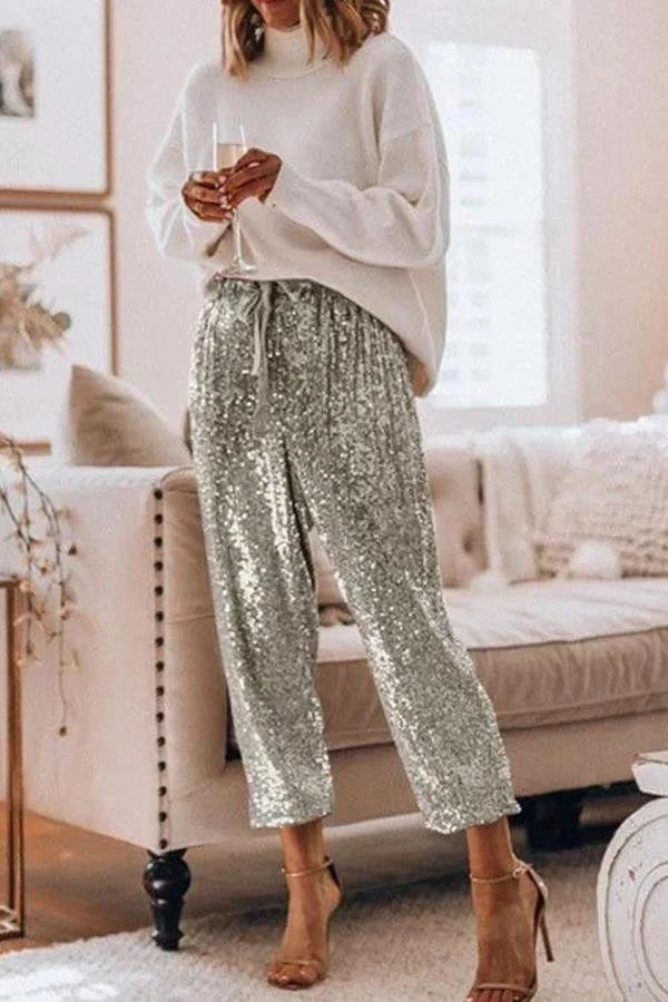 Uveng Sequin Sequined High Waist Leg Ruffled Pants