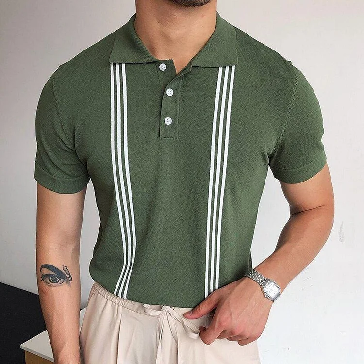 Stripe Print Casual Button Short Sleeve Knitted Men's Polo Shirts at Hiphopee