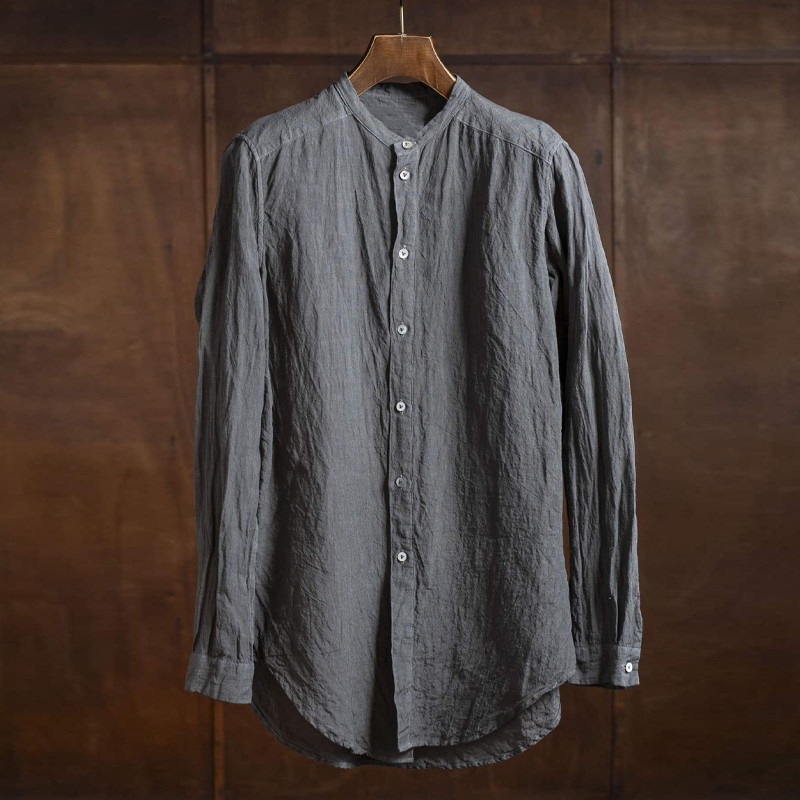 Men's Vintage Cotton and Linen Grey Stand Collar Shirt