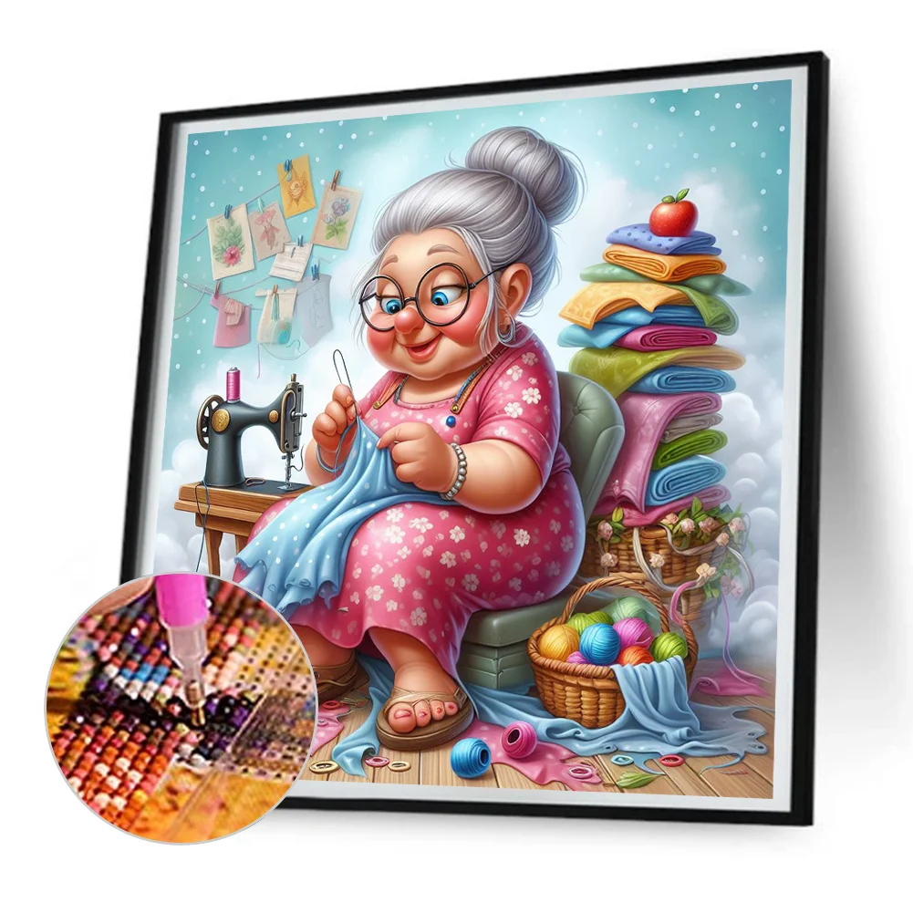 Diamond Painting - Full Round Drill - Old Lady Sewing(Canvas|30*30cm)