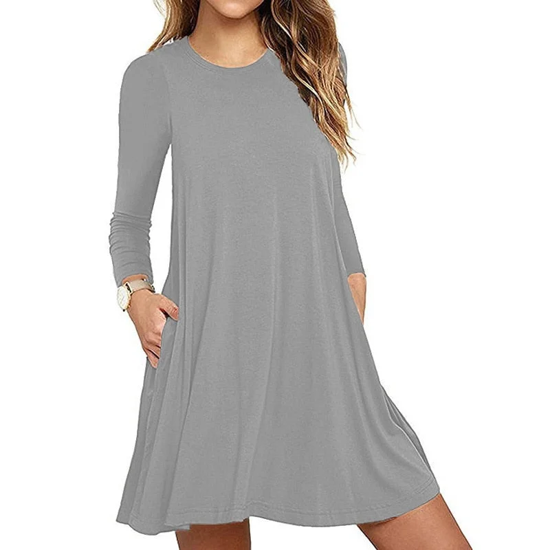 Casual Dress Autumn Women Short Solid Color A-line Dresses Womans Long Sleeve Mini Crew Neck Simple Loose Spring Dress