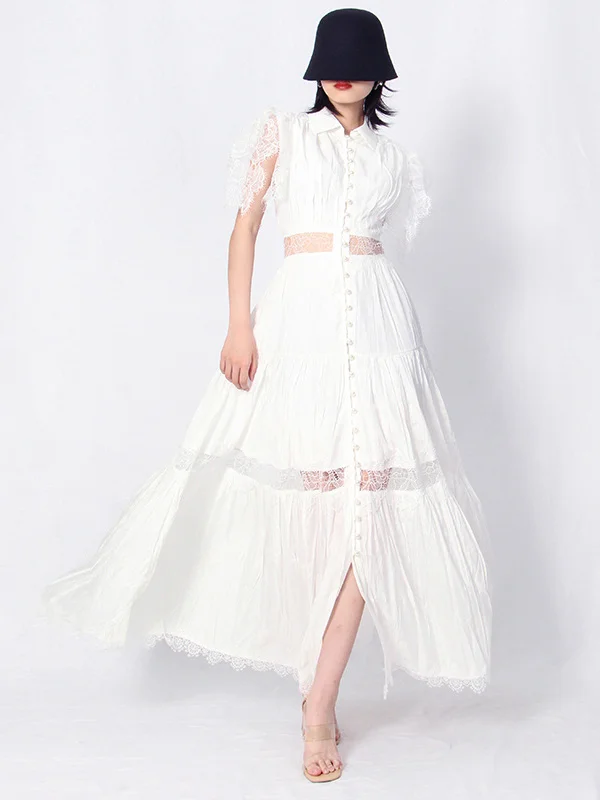 Lace Lapel Ruffle Sleeves Waist Hollow Out Irregular Maxi Dress