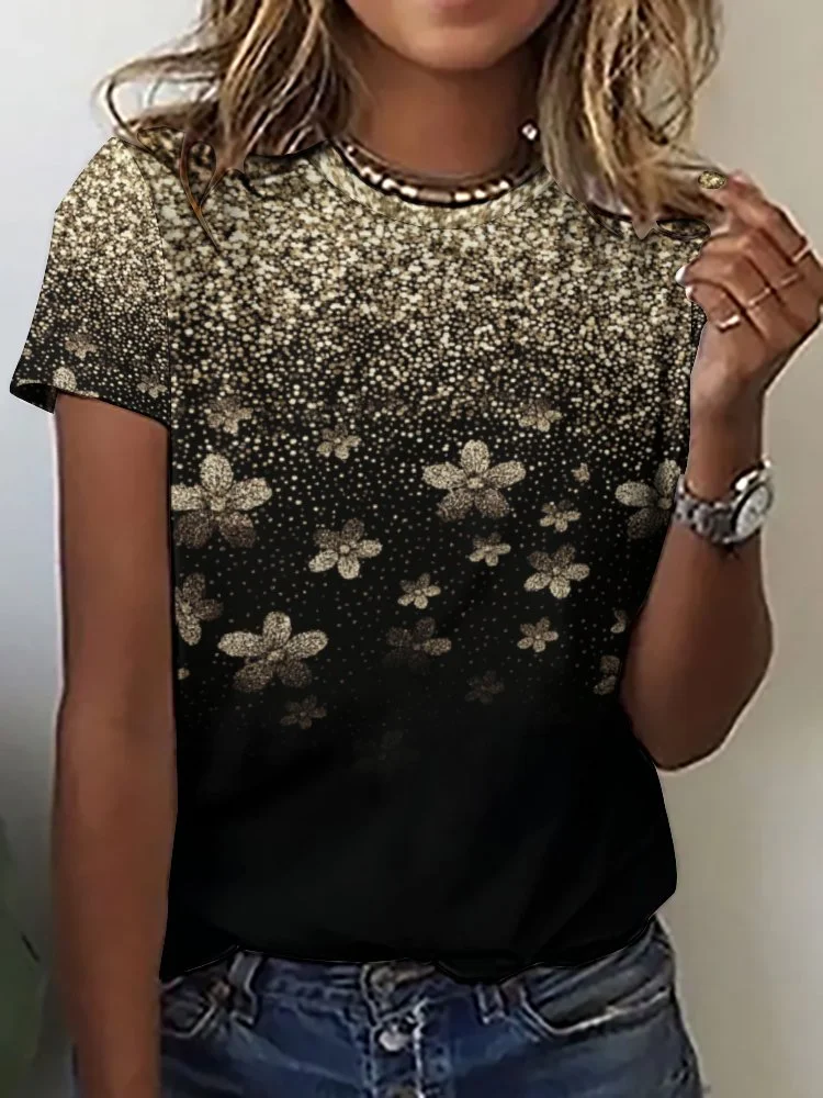 Printed Short Sleeve Casual T-shirt for  Women and Men Unisex Pattern Glitter, Floral, Golden
