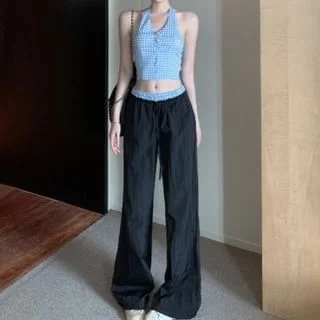 Crop V-Neck Low Gingham / Button-Up Pants Halter Waist Top Wide Leg