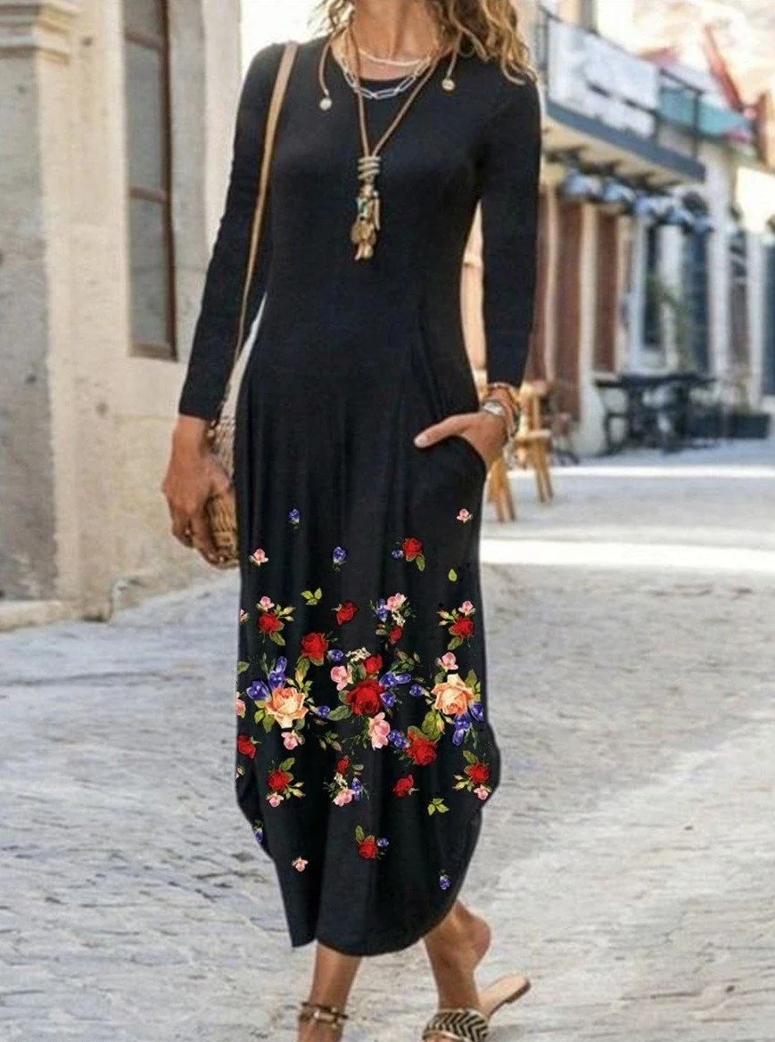 Ladies Floral Print Long Sleeve Maxi Dress Black Dresses | EGEMISS