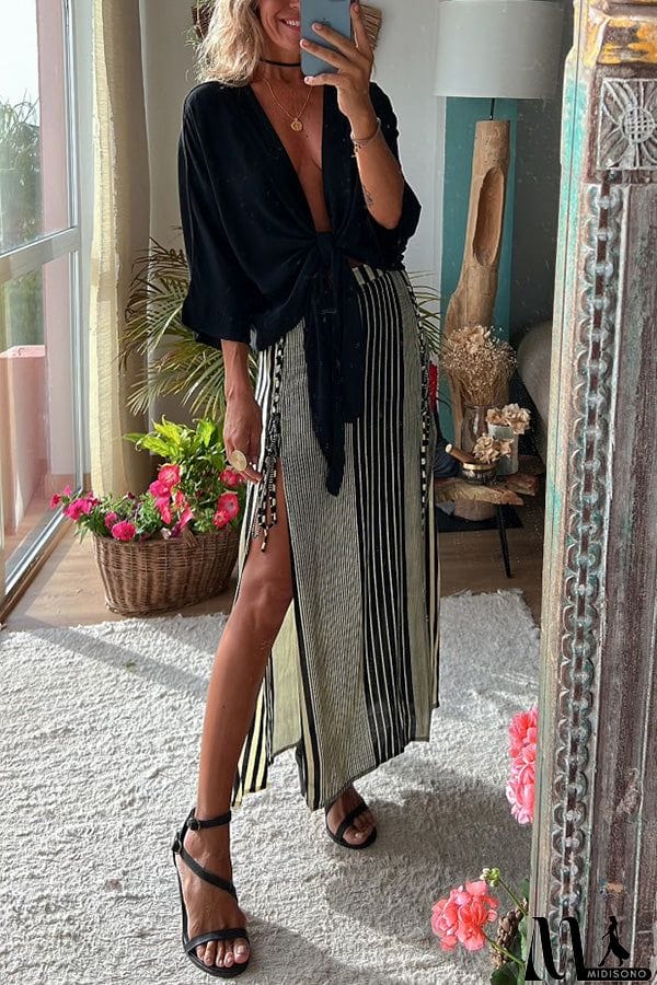 MidiSono - Satin Tie Front Relaxed Blouse