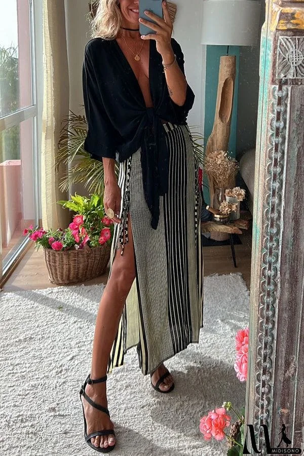 MidiSono - Satin Tie Front Relaxed Blouse