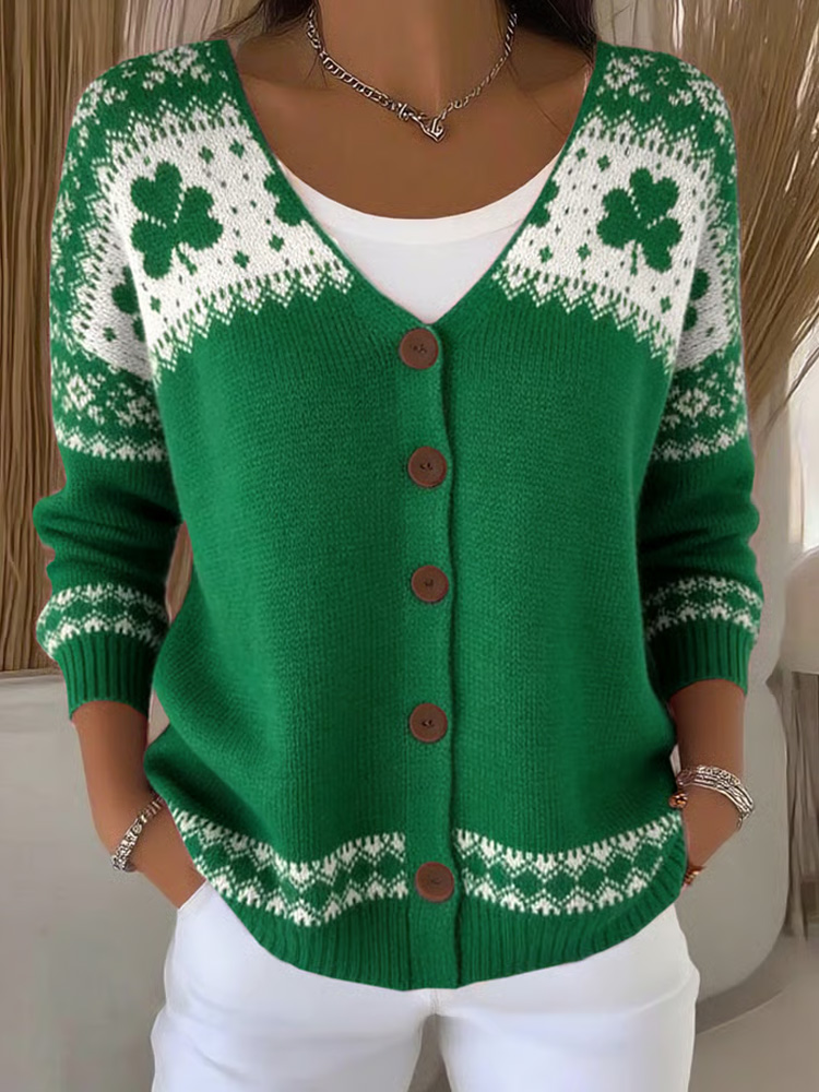 Women's Vintage Style St. Patrick's Day Printed Chunky Knit Cardigan wearshes