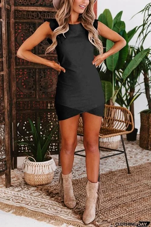 Solid Ruffles Slit Hem Mini Dress