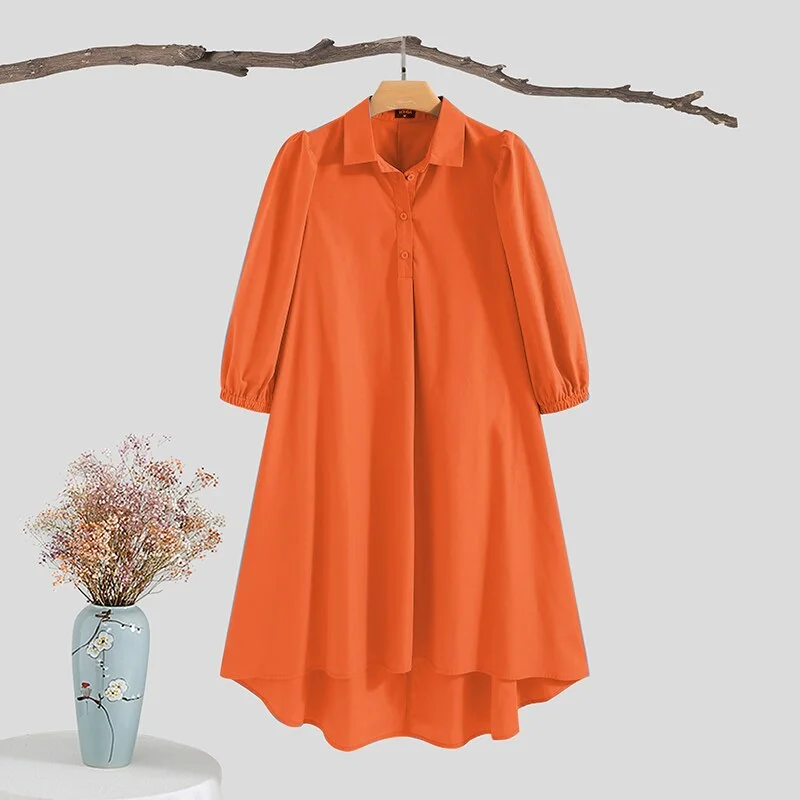 VONDA Women Knee-Length Dress 2022 Casual Button Down 3/4 Sleeve Lapel Collar Shirt Dresses Casual Irregular Hem Baggy Sundress