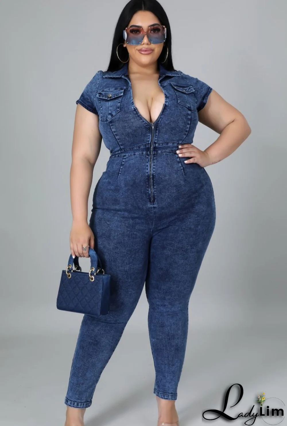 Fall Plus Size Front Zipped Denim Bodycon Jumpsuit