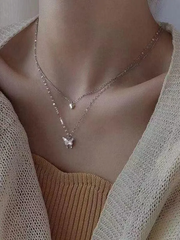 Brownm Rhinestone Butterfly Pendant Double Layered Necklace