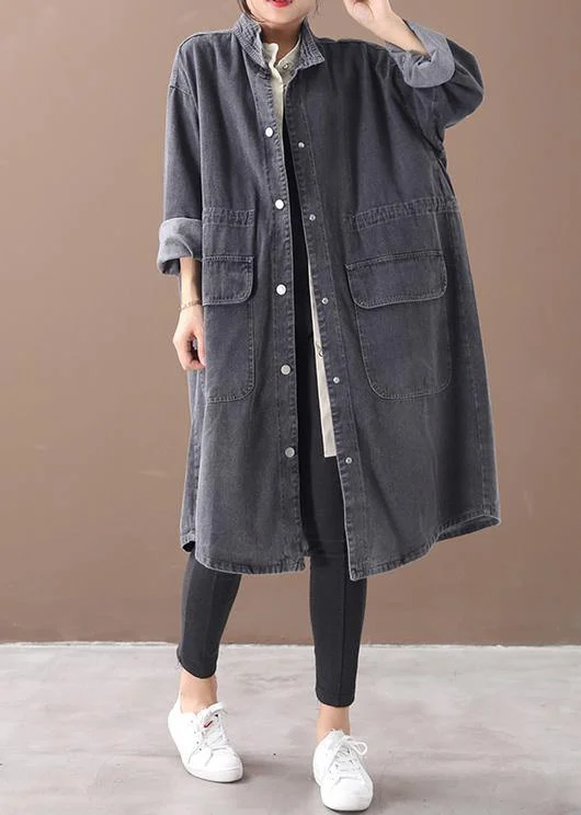 Simple stand collar drawstring Fashion tunic coat denim black Midi women coats