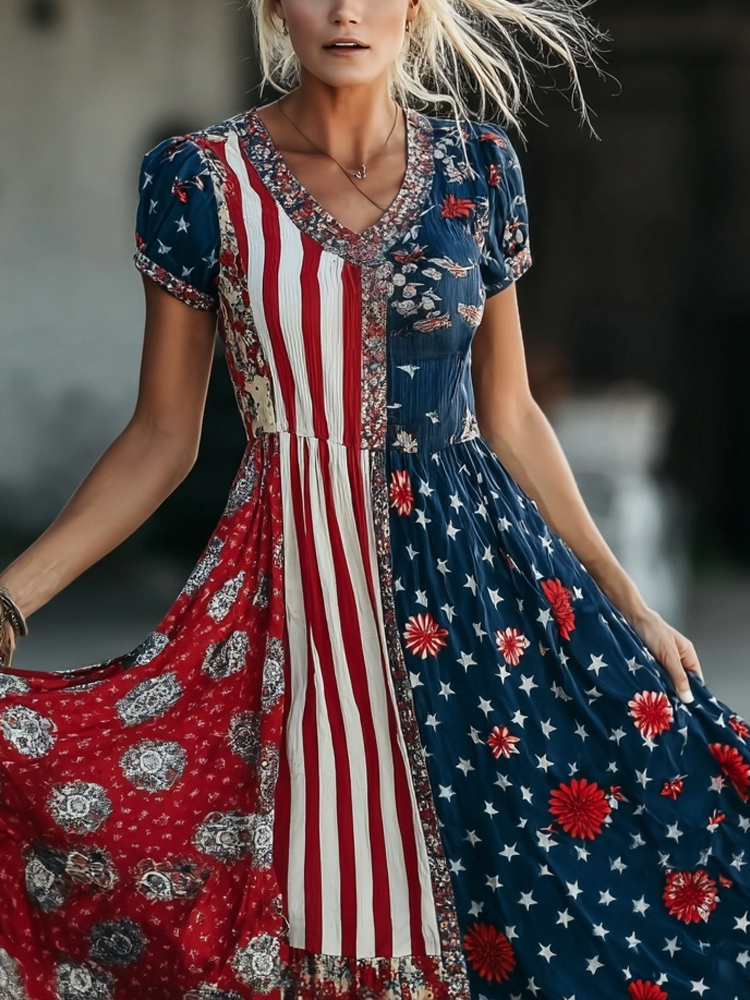  Vintage Floral American Flag Patchwork Art Flowy Linen Maxi Dress Westsshops