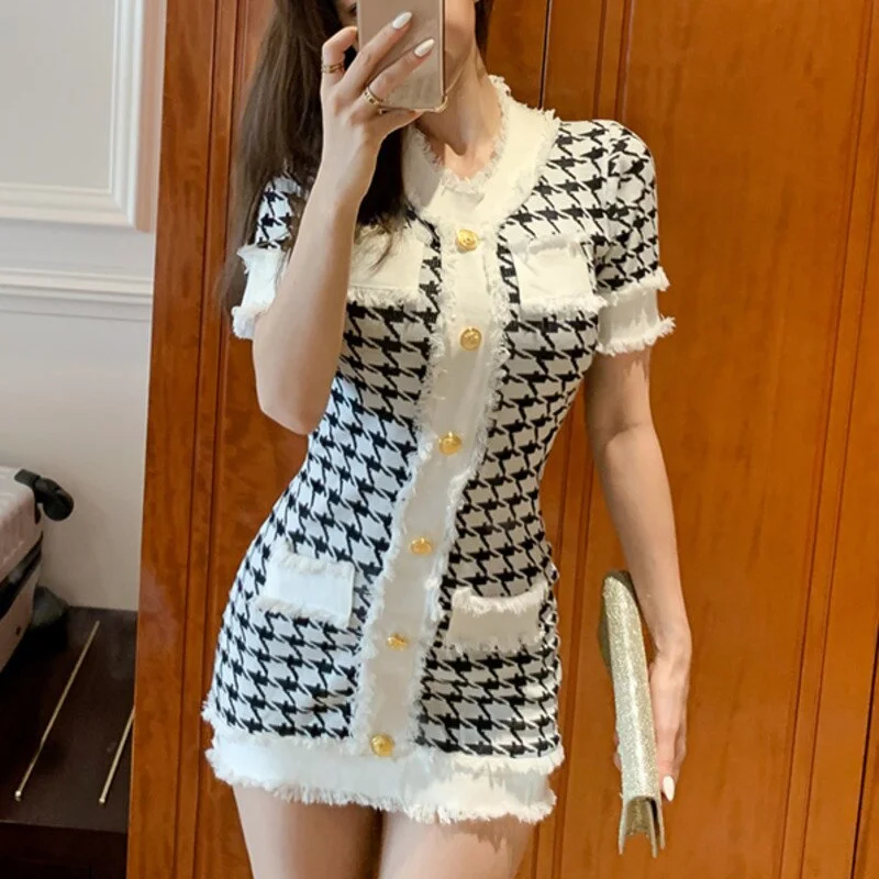 Graduation Gifts   Korean Elegant Runway Designer Houndstooth Knitted Dress Women Vintage Short Sleeve Single Breasted Tassels Sweater Dress Robe