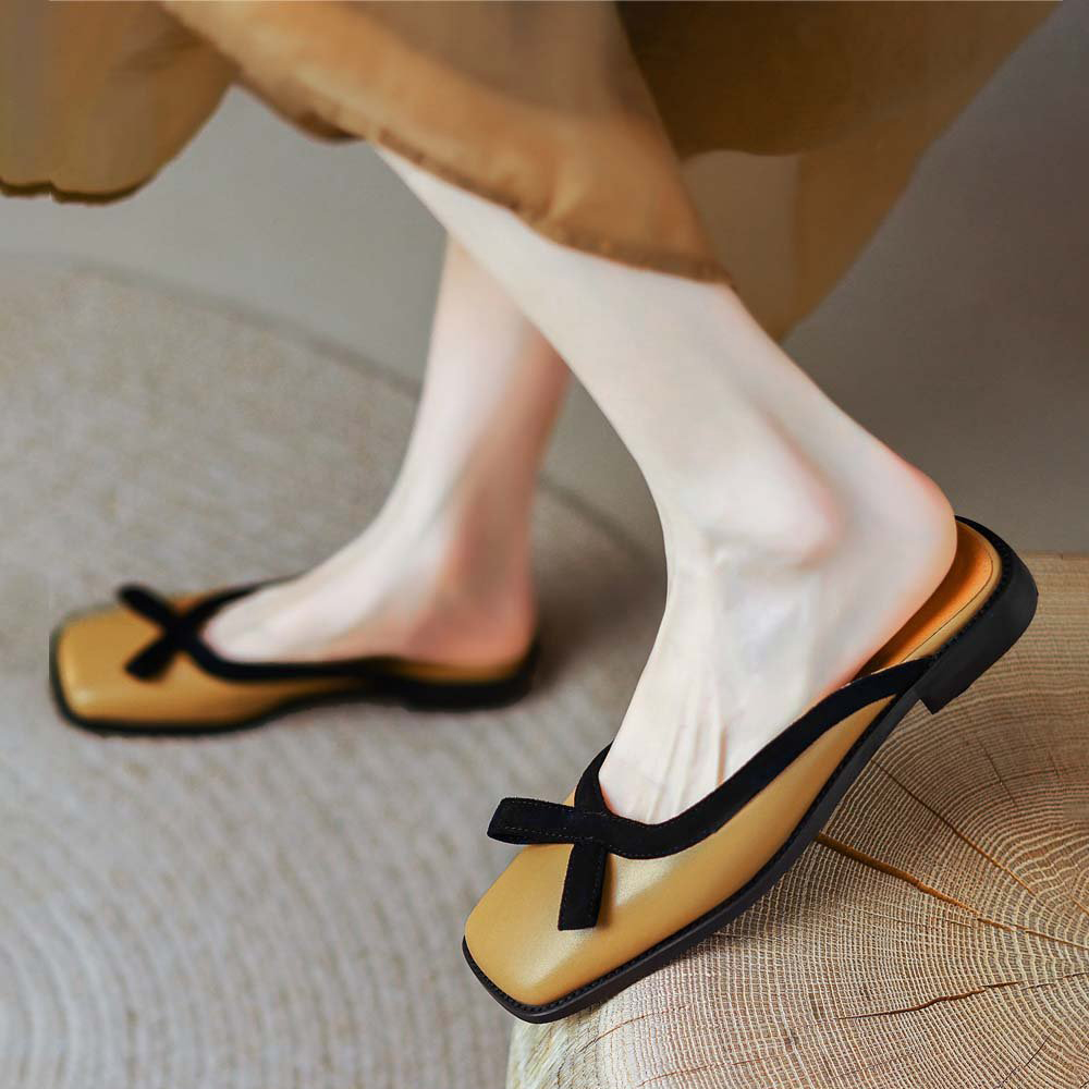 Brown Square Toe Flat Mules with Black Bow Nicepairs