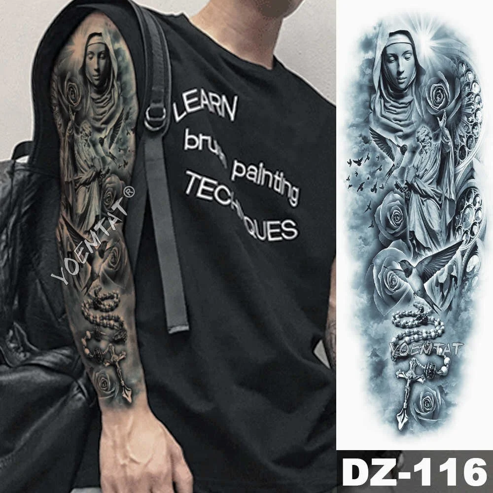 Large Arm Sleeve Tattoo Rose Rosary Virgin Mary Waterproof Temporary Tattoo Sticker Saint Angel Men Full Skull Totem Tatoo