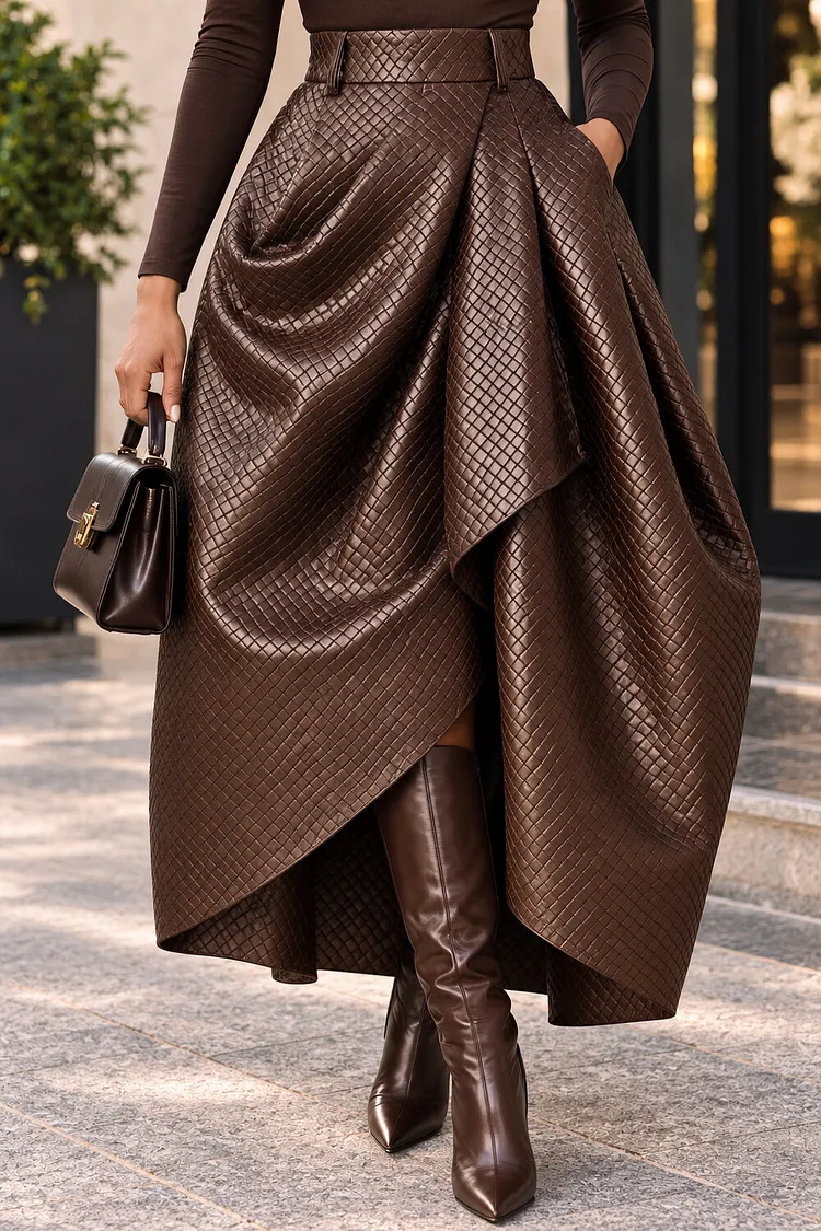 Xpluswear Design Plus Size Business Casual Brown Pleated Pocket PU Leather Skirts [Pre-Order] 2024 - Xpluswear