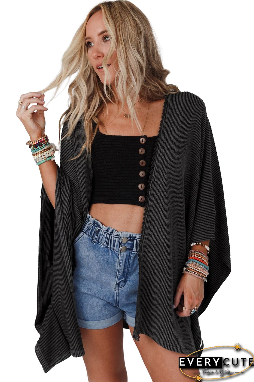 Black Lace Trim Ribbed Oversize Kimono