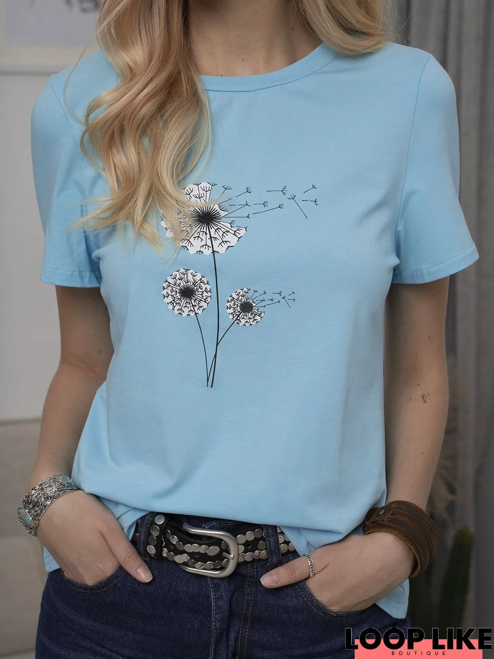 Vintage Short Sleeve Statement Dandelion Printed Crew Neck Plus Size Casual Tops