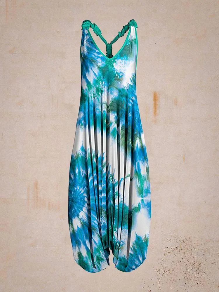 Blue Tie-Dye V-neck Overalls-Mayoulove