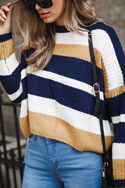 Round Neck Stitching Loose Sweater-elleschic
