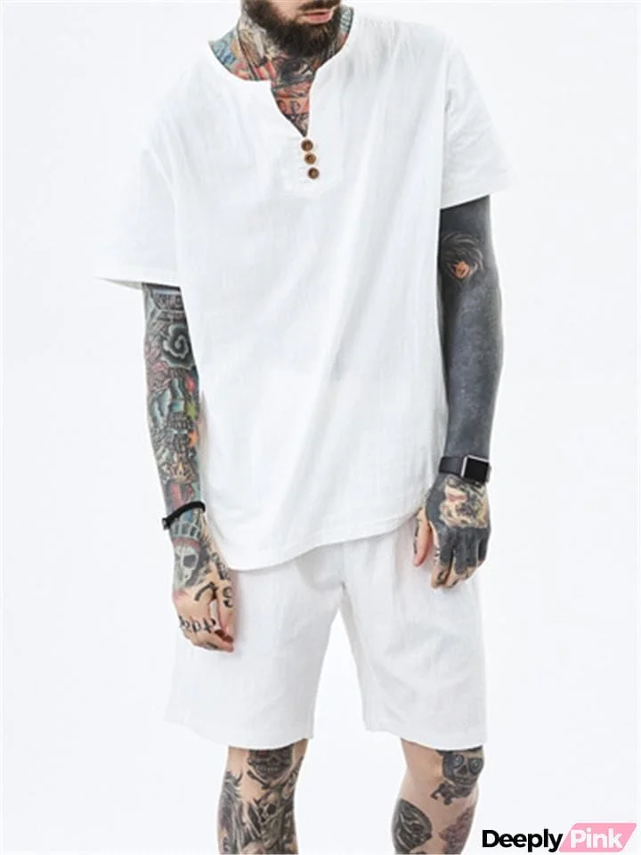 Mens Vintage Buttons Comfy Linen Short Sleeve T-Shirts+Shorts