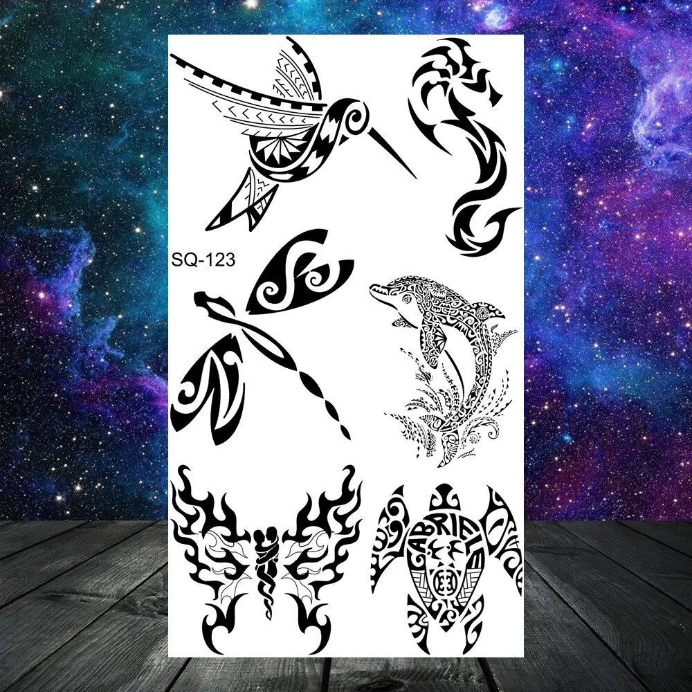 Sdrawing Seahorse Whale Temporary Tattoos For Women Men Cross Anchor Skeleton Thorns Elephant Fake Tattoo Fashion Tatoos Paper