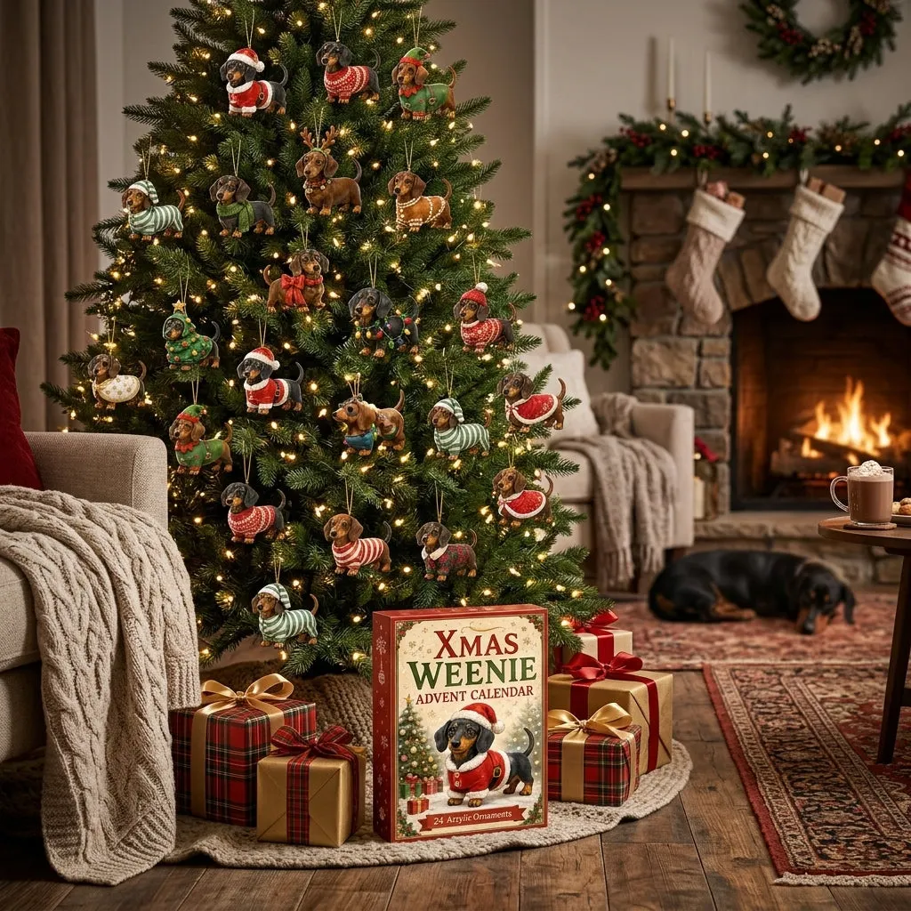 Festive dachshund ornaments displayed on a Christmas tree