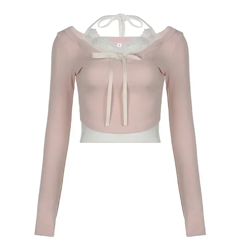 Huibahe Lace Patchwork Contrast Color Cropped Top Pink Korean Style Slim-fit Knitted Tops Coquette Aesthetic Long Sleeve Tops